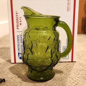 VINTAGE Anchor Hocking Large Floral ( RAINFLOWER)  Pitcher GREEN Avocado.